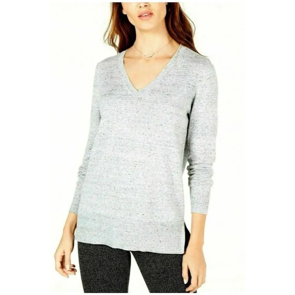 Womens Maison Jules Gray Heathered V Neck Sweater - Sz S